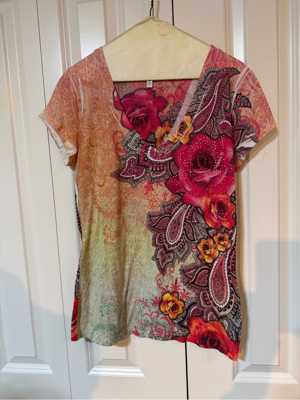 Cache V-Neck Floral Paisley Tee in Pink, Orange and Yellow